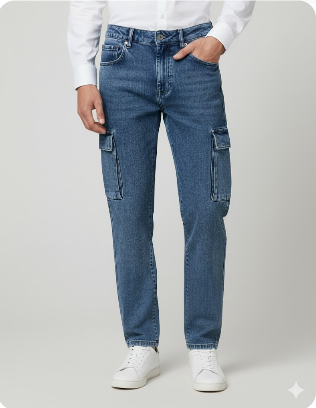 Men's Washed Indigo Denim Cargo Pants