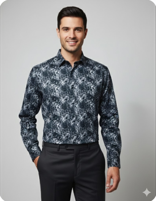 Men's Abstract Ink-Print Long-Sleeve Shirt