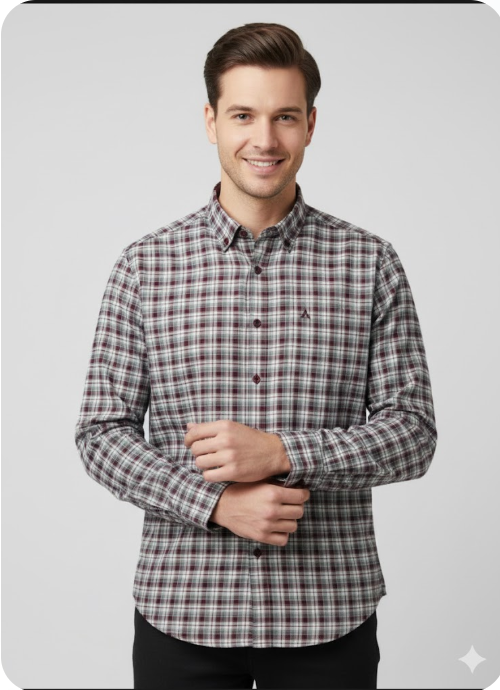 Men's Maroon & Olive Plaid Button-Down Collar Formal Shirt